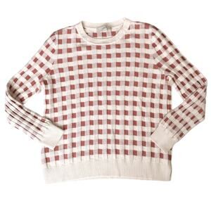 Loft XL Wool Blend Gingham Check Plaid Look Cream and Deep Rose Crewneck Sweater